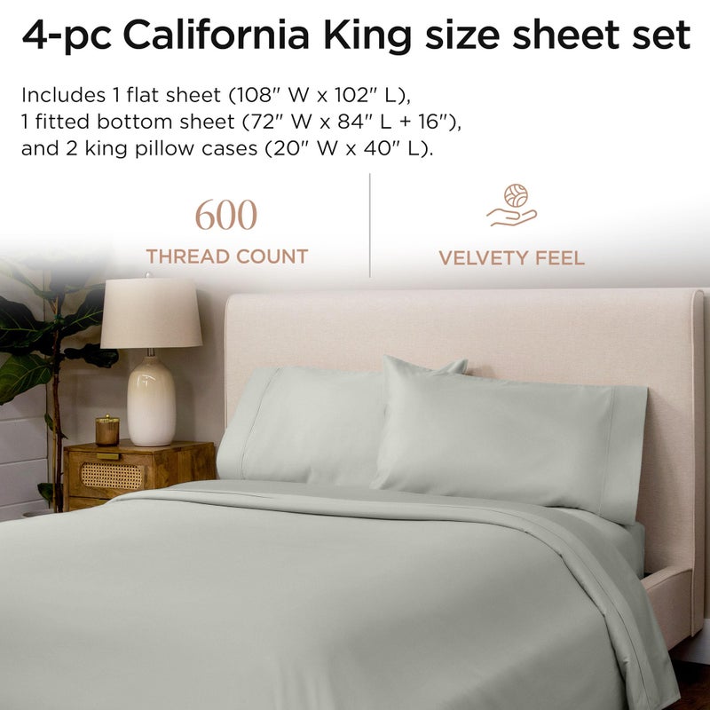 Threadmill 100% Cotton Sheets for Cal King Size Bed - 600 Thread Count Cal King Bed Sheets Set with 16â€ Deep Pocket - Sateen Weave 4-Piece Bedding Set with Cooling Effect, Light Grey - Image 2